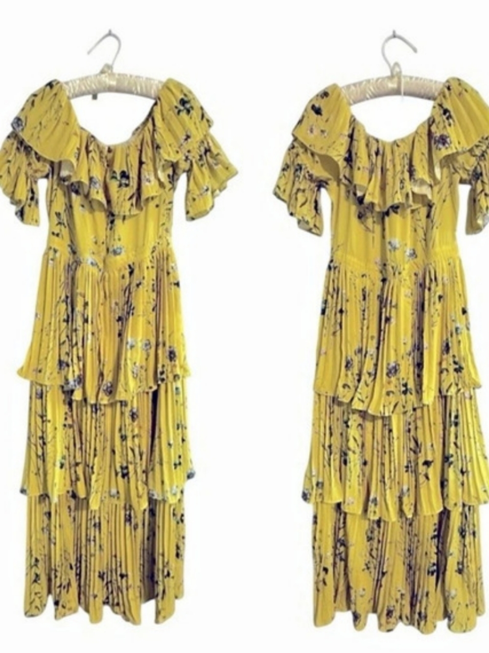 Aqua Yellow Floral Tiered Pleated Maxi Dress Midi Dress Yellow & Blue Large